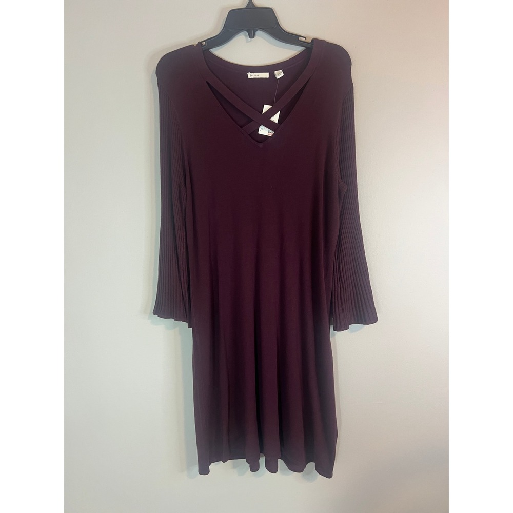 Cato Womens Plum Burgundy Lattice V-Neck Ribbed Flare Sleeve Knit Dress L